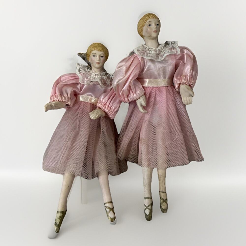 Vtg Christmas Ballerina Porcelain Ornaments Pink White Tulle Dress Set Of 2